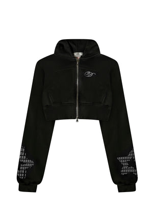 Star Student Cropped Zip-Up Hoodie (Black)